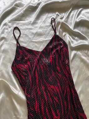 Vintage 1990s Cache Black & Red Velvet Zebra Striped Seqin Maxi Prom Party Small